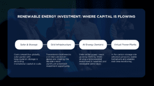 Infographic showing four key renewable energy investment priorities in 2026 including grid infrastructure and AI energy demand.